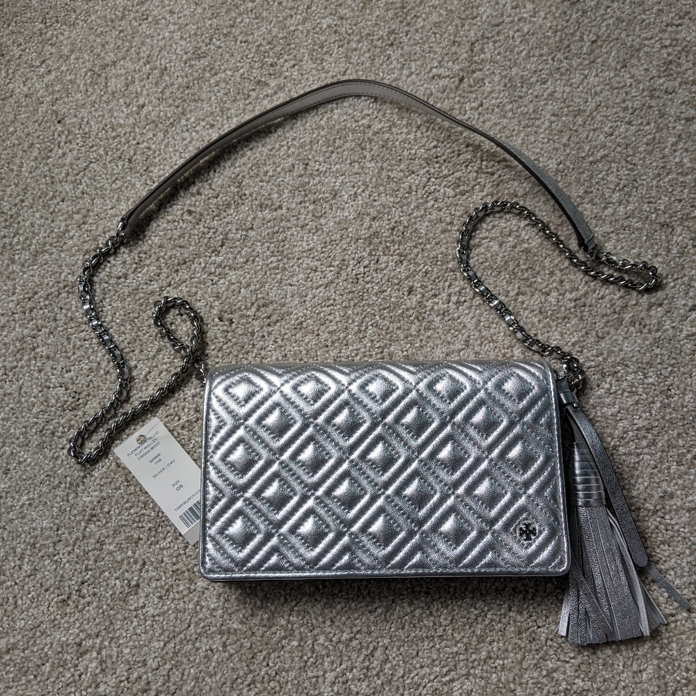Tory Burch Fleming Metallic Flat Wallet Cross Body